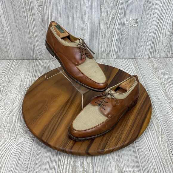 Bragano Cole Haan Oxford Dress Shoes Men’s 9.5D Brown Leather Beige Canvas Made